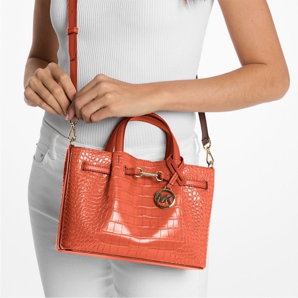 Michael Kors Carson Small Crocodile Embossed Satchel Bag Red Clay - Picture 3 of 11